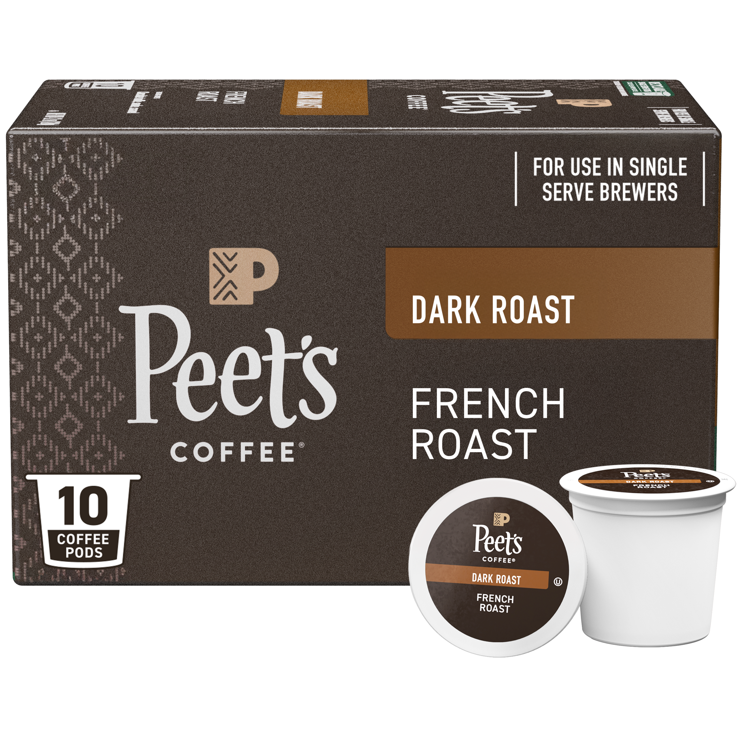 Box of Peet's Coffee Dark Roast French Roast coffee pods with a single pod on a transparent background.